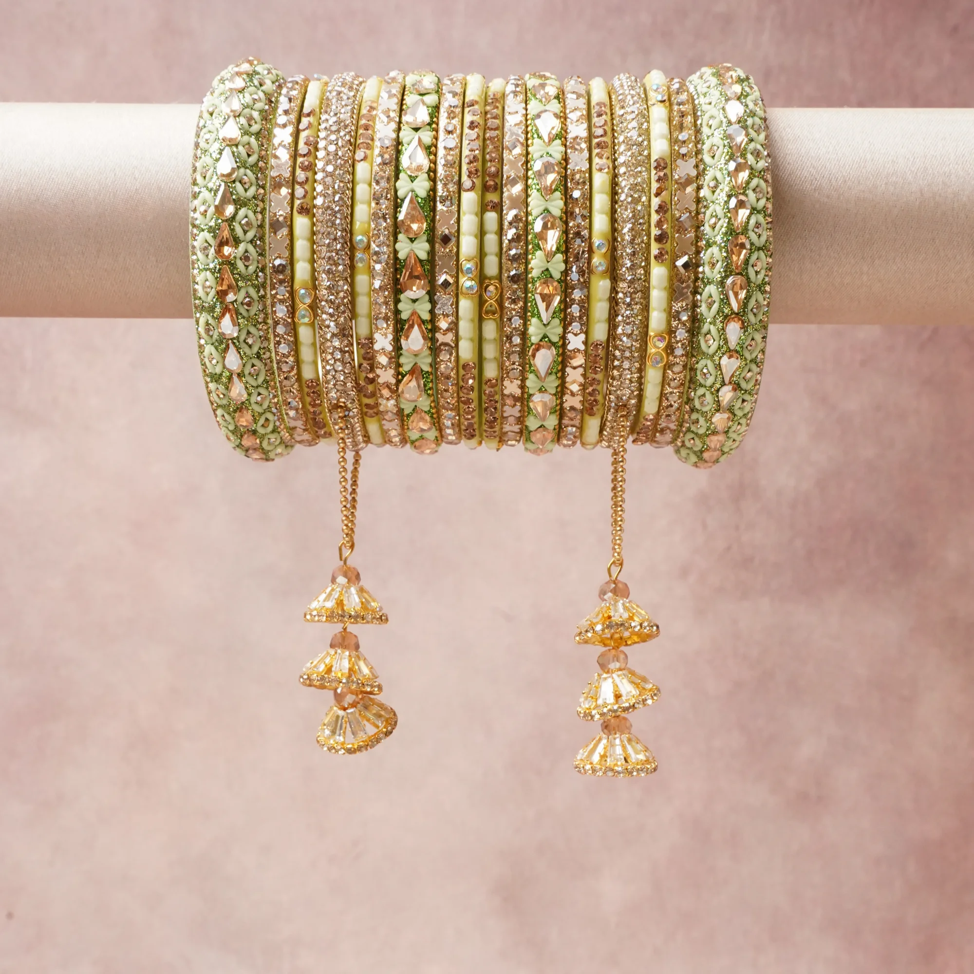 A commanding Pale Mint Green anchors this beautiful set, enriched with accents of Clear Crystal, Champagne Crystal, Gold that add depth and dimension.

Featuring a striking composition of Metal (gold-toned), Rhinestone, Enamel, Beads (opaque), this set carries intricate craftsmanship and strong presence. Grand in form, it is created for moments that deserve to be marked.